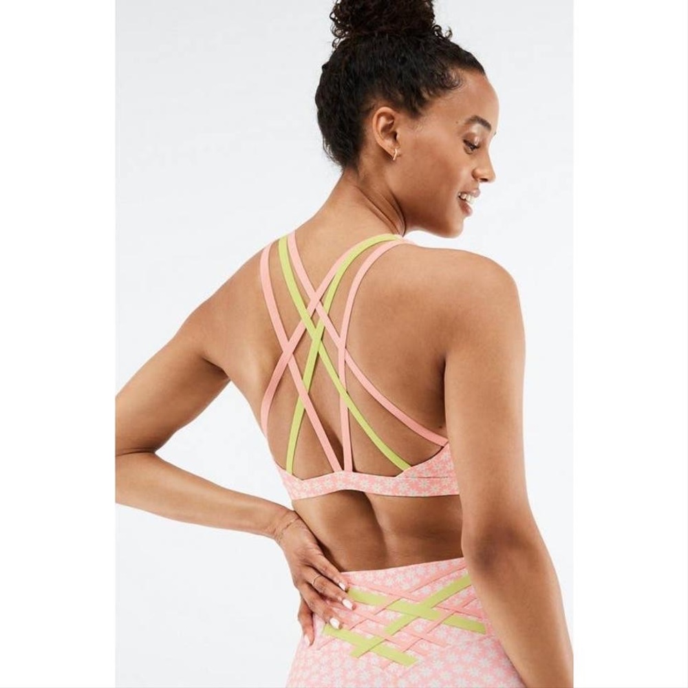 Fabletics Kessler Impact Pink and White Daisy Cross Back Sports Bra